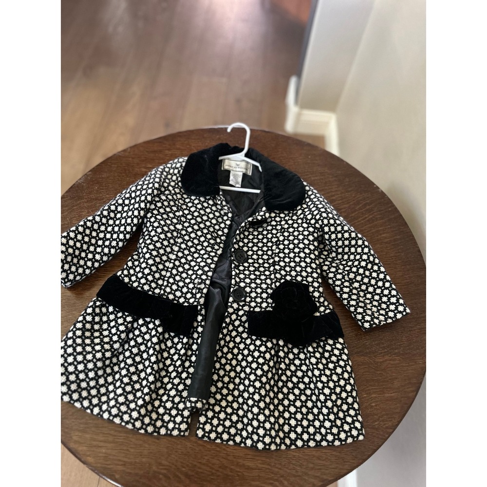 American Widgeon Girls Black White Geometric Velvet Trim Dress Coat Size 4